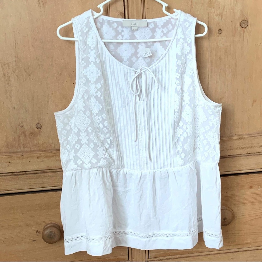NWT LOFT White Cotton Lace Stitched Sleeveless